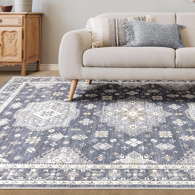 Washable Area Rugs for Living Room -8x10 Neutral Vintage Distressed Floral Farmhouse Boho Large Soft Floor Rug Indoor Non Slip Carpet for Living Room Bedroom Dining Room Office - Denim Blue/Grey
