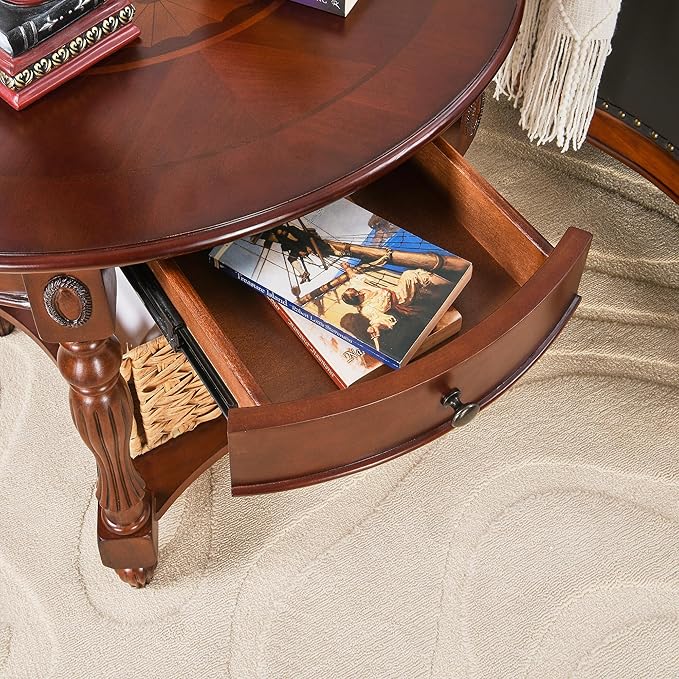 MODERION Solid Wood End Table with Drawer, Oval Sofa Side Table, Storage Shelf, Living Room Corner Table, Nightstand, 24”H Cherry Walnut CJZ1533WD-DR