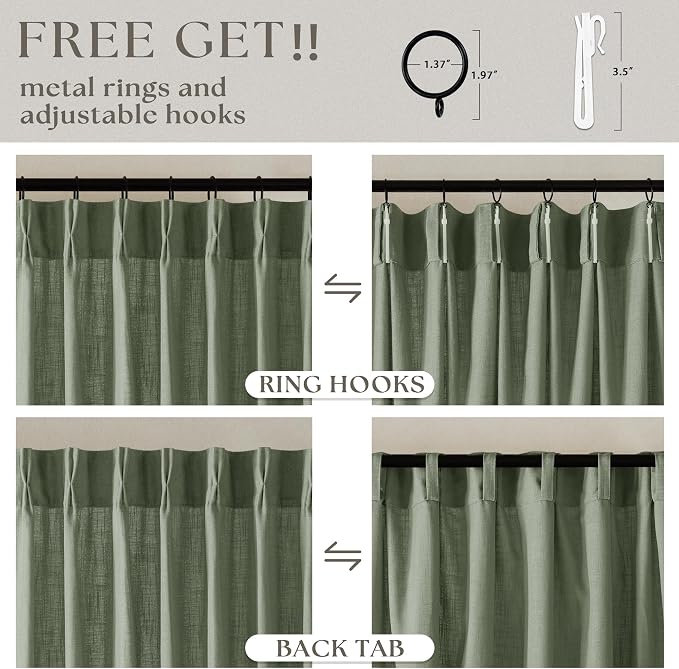 Sage Green Pinch Pleat Linen Semi Sheer Curtains 90 Inches Long 2 Panels | - Image 5