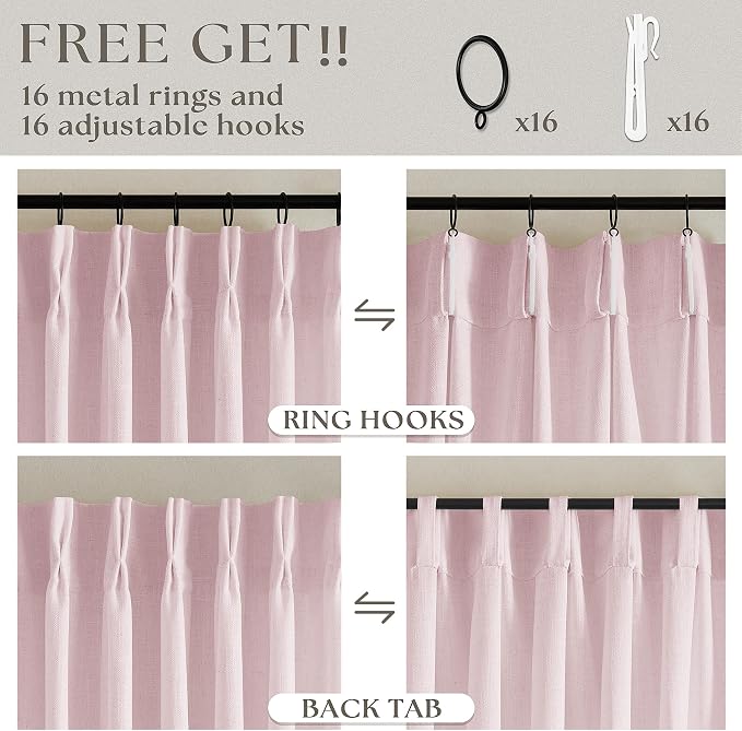Light Pink Linen Pinch Pleat Curtains 108 Inch Length 2 Panels Set 40x108 | - Image 5