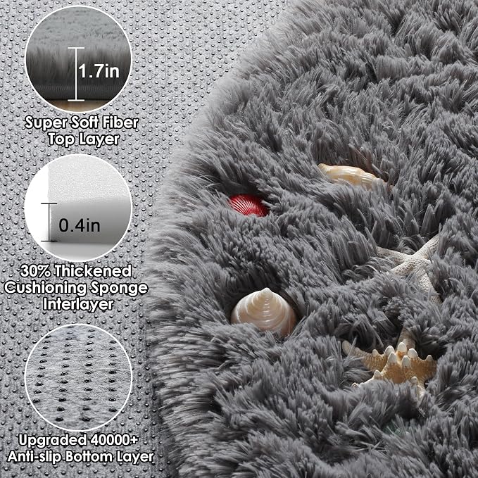 Grey Round Rugs 7ft for Living Room, Fluffy Bedroom Circle Area Rug, Soft Plush - Image 2