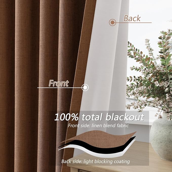 Guken Caramel Brown 100% Blackout Linen Curtains 100 Inch Length 2 Panels Set - Image 4