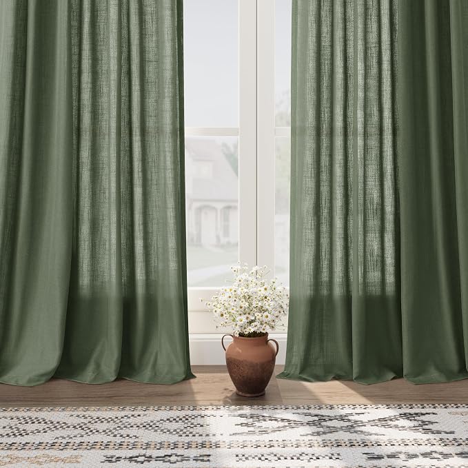 Olive Green Linen Blend Semi Sheer Curtains 108 Inches Long by 70 Inches Wide - Image 5