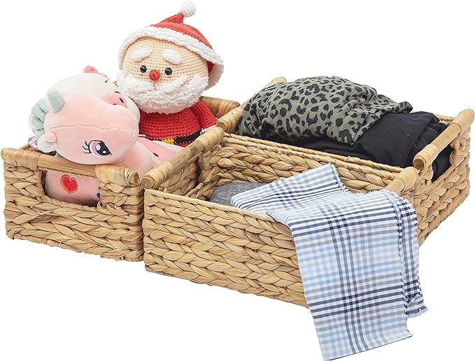 VATIMA Hyacinth Small Wicker Basket 11.6x8.1x4.9" - Bathroom Organizer, Wooden Handle, Decorative Storage