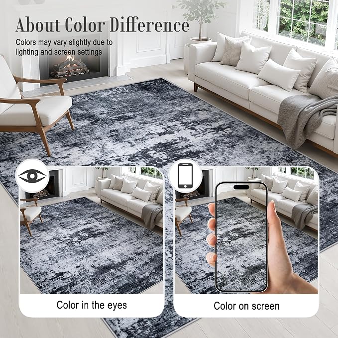 8x10 Area Rug Living Room: Modern Washable Indoor Carpet Black | - Image 6