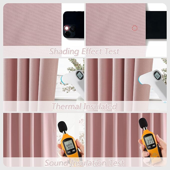 Pink 100% Blackout Linen Curtains 102 Inch 2 Panels Set - Image 5