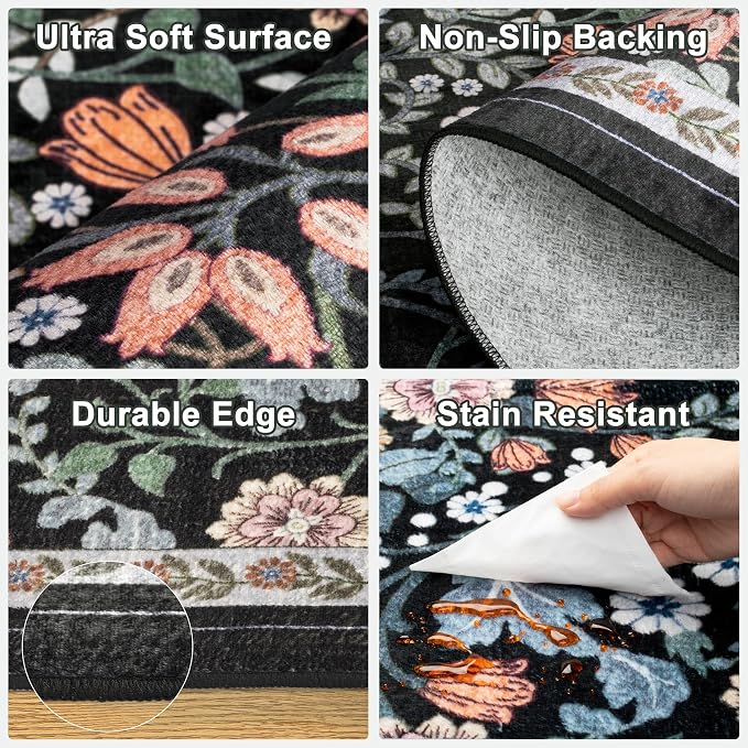PLHXFR 2.6x14 Washable Runner Rug：Floral Indoor Kitchen Carpet Dark Black | - Image 7