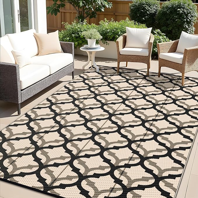 OLANLY Reversible Outdoor Rug 9x12 ft Clearance, Waterproof Outdoor Plastic Straw Rug with Interlacing Pattern, RV Mat for Patio, Camping, Balcony, Deck, Backyard, Black & Beige