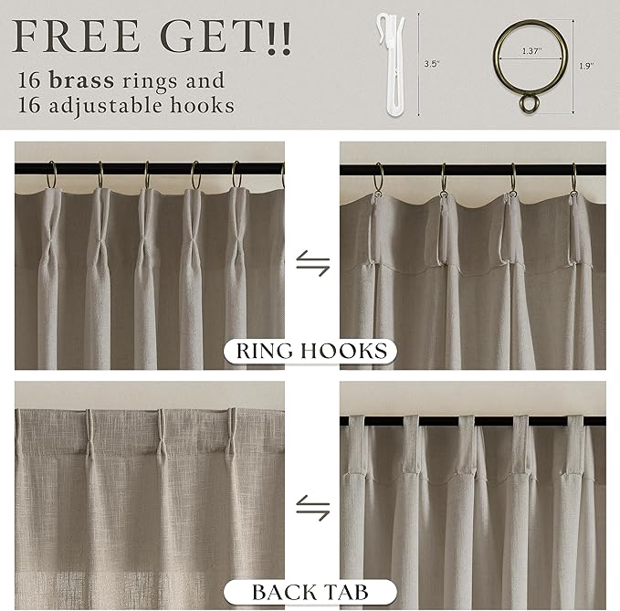 Linen Taupe Pinch Pleat Memory Shaped Light Filtering Curtains 96 Inch Long | - Image 4