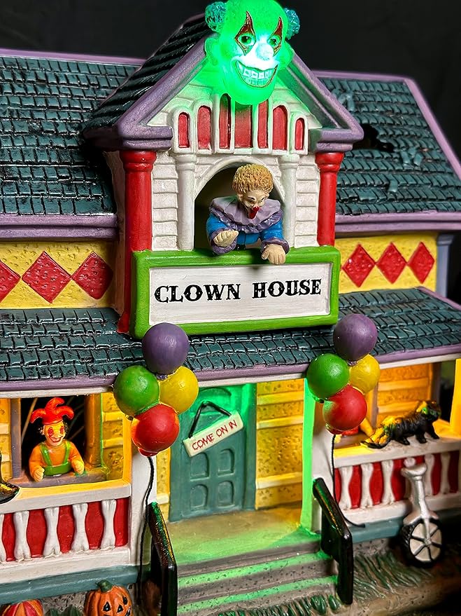 Clown Halloween Village | Spooky Town Collection Accessories Figurines on House | Porcelain with Multi-Color LED | 8.86 Inch