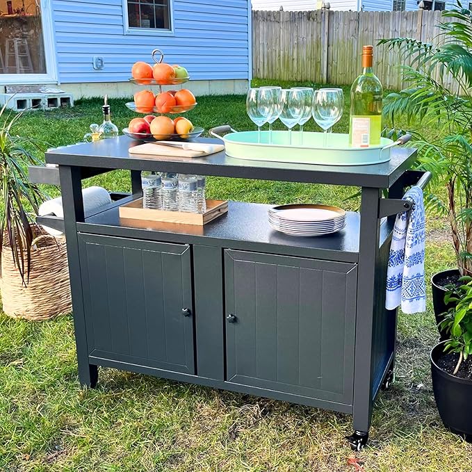 Domi Grill Carts Outdoor Storage Cabinet with Wheels, Metal Outdoor Grill Cart Kitchen Dining Table Cooking Prep BBQ Table for Patio, Kitchen Island, Home Party, Bar (Grey)