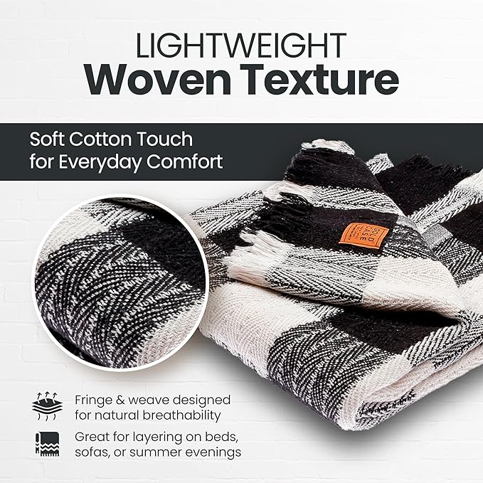 Gold Case Throw Blanket for Couch – 100% Recycled Turkish Cotton Blankets & Throws – Elegant Decorative Throw Blankets for Living Room Sofa – Woven Throws for Couch – Black – 60x80