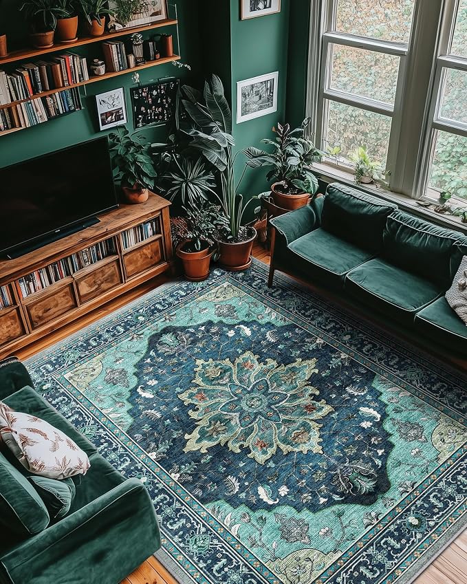 Area Rugs 9'x12' Washable Non-Slip, Floral Vintage Distress Print Pattern - Image 7