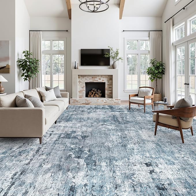 12x15 Washable Area Rug Blue/Grey Neutral Abstract Living Room Large Carpet Non - Image 4