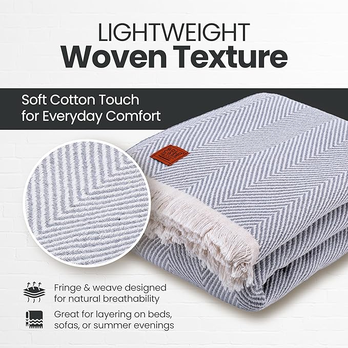 Gold Case Throw Blanket for Bed – 100% Recycled Turkish Cotton Bed Blanket – Decorative Throw Cotton Blankets for Living Room & Bedroom – Elegant Grey Woven Queen Blankets – 90x90