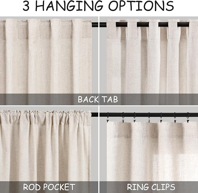 Beige Linen Semi Sheer Curtains 84 Inch Length 2 Panels Set Back Tab Rod Pocket - Image 3