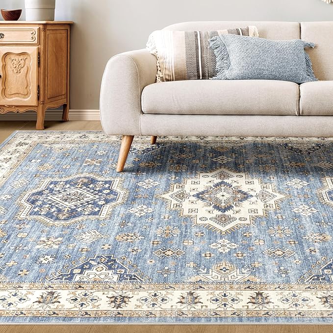 Washable Area Rugs for Living Room -9x12 Neutral Vintage Distressed Floral Farmhouse Boho Large Soft Floor Rug Indoor Non Slip Carpet for Living Room Bedroom Dining Room Office - Blue
