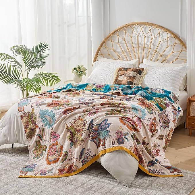 Boho Throw Blanket for Bed Couch 100% Cotton Woven Bed Throws for Summer, Lightweight and Soft Cozy Farmhouse Reversible Muslin Decorative Blanket for Travel Picnic, Teal/Cream, 80"x90"