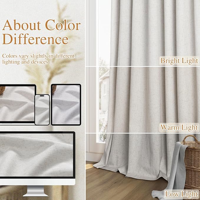 Guken Natural 100% Blackout Curtains 112 Inch Length 2 Panels Set Neutral Linen - Image 7