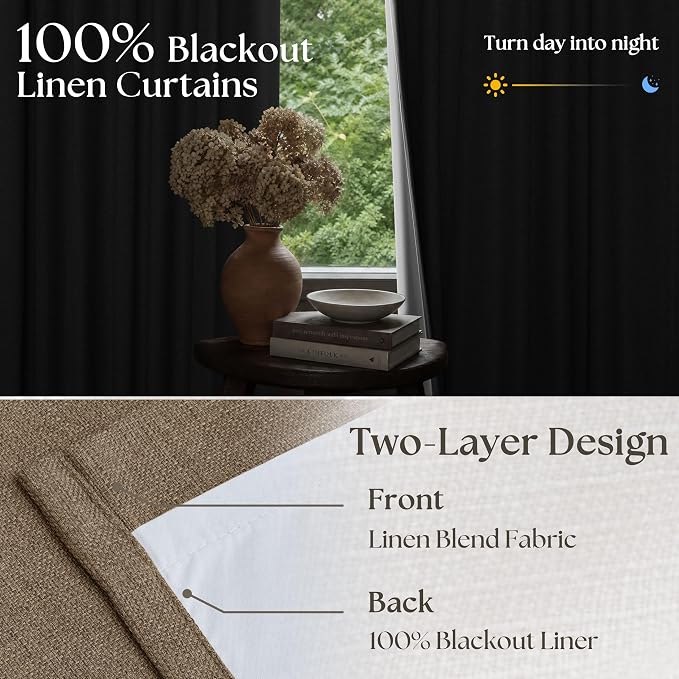 Light Brown 100% Blackout Linen 100 Inch Bedroom Curtains 2 Panels, Latte | - Image 3