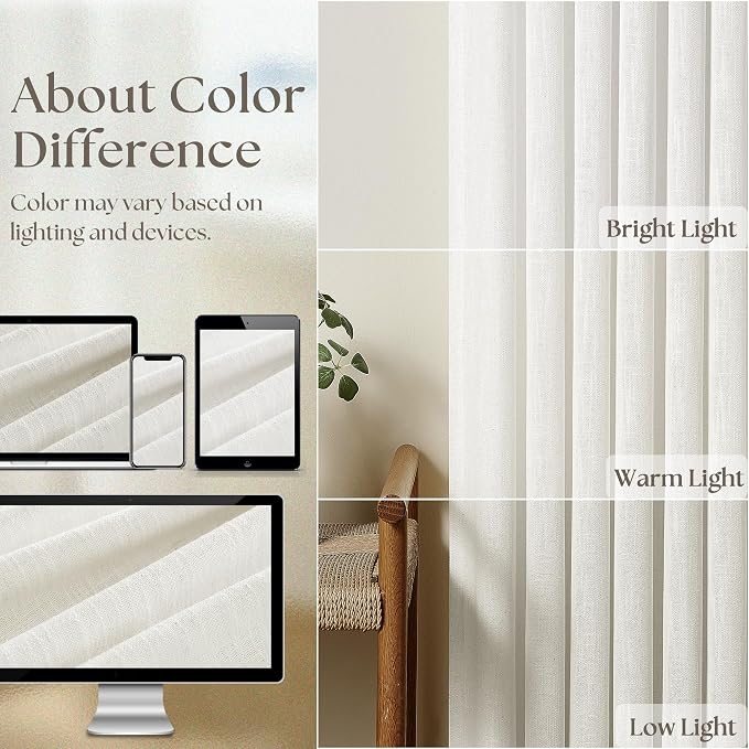 Beige White Pinch Pleat Linen Kitchen Curtains 45 Inches Long 2 Panels Set | - Image 4