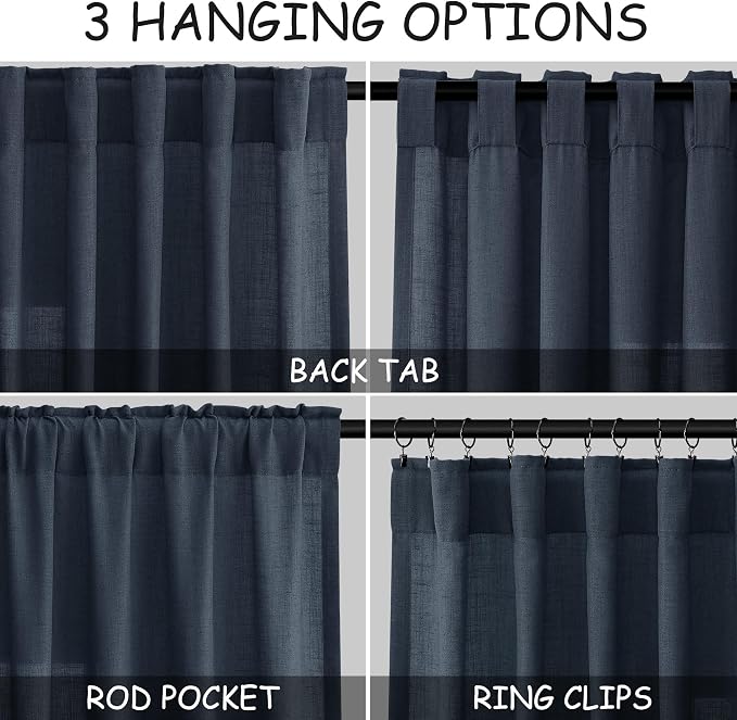 Nanspring Vintage Blue Linen Curtains 84 Inch Length 2 Panels Set - Image 2