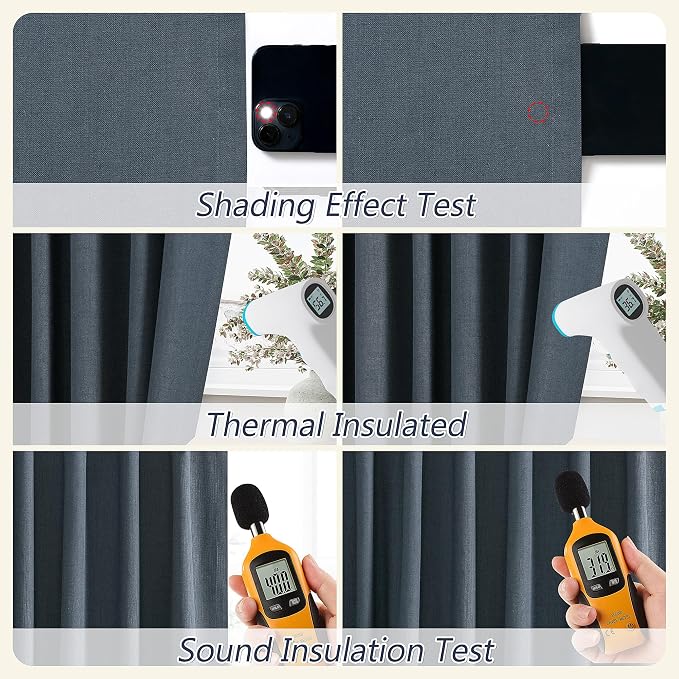 Vintage Blue 100% Blackout Linen Curtains 108 Inch Length 2 Panels Set - Image 5