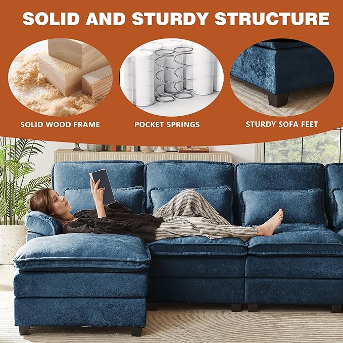 113" Oversized Cloud Couch, U Shape Sectional 4 Seat Sofa with Double Chaises, 2 Layer Cusions, Deep Seat Comfy Sofa, Upholstery Chenille Fabric for Living Room, Blue