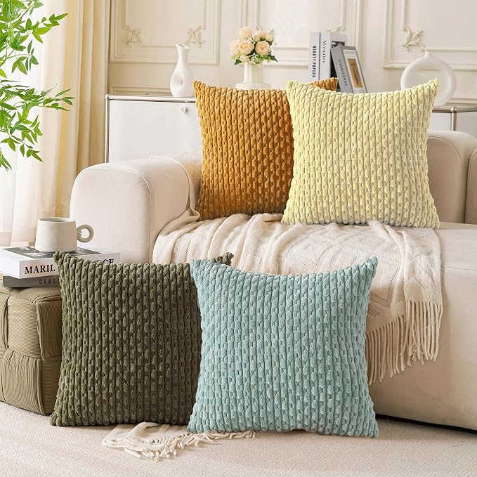 Set of 4 Yellow Olive Aqua Decorative Throw Pillow Covers 20x20 Inch Corduroy by Cozoomy