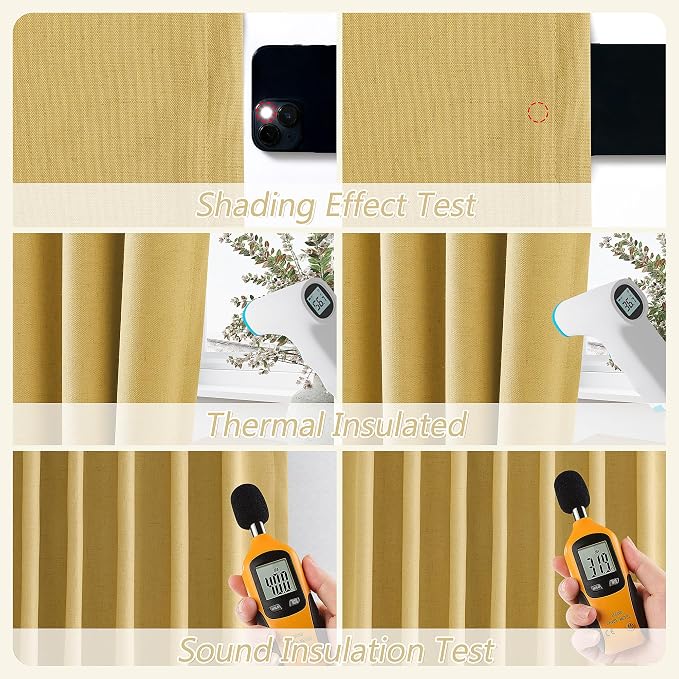 Gold 100% Blackout Linen Curtains 108 Inch Length 2 Panels Set - Image 5