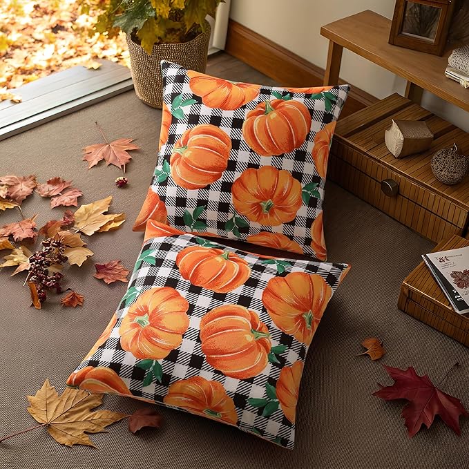 decorUhome Fall Orange Pumpkin Decorative Throw Pillow Covers 18x18 Set of 2, Buffalo Plaid Check Farmhouse Cushion Covers for Autumn Harvest Couch Sofa Bed Home Decor