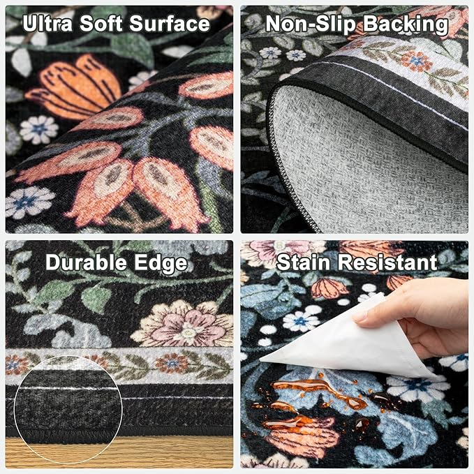 PLHXFR 6x9 Area Rug Living Room: Floral Washable Boho Carpet Dark Black | - Image 7