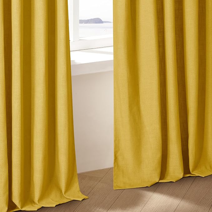Mustard Yellow Pleated Semi Sheer Linen Curtains 120 Inches Long 2 Panel | - Image 9