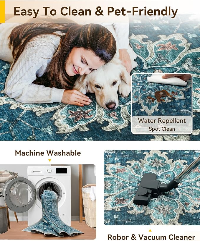 RELEANY Washable Area Rug, Teal | Non-Slip, Water Repellent, Pet Friendly - Image 3