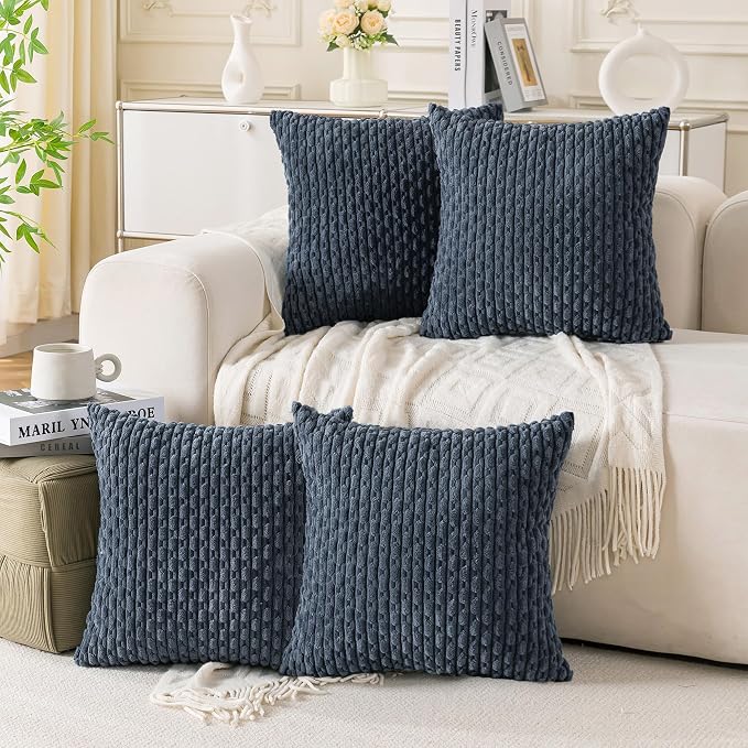 Set of 4 Grey Blue Decorative Throw Pillow Covers 24x24 Inch Corduroy Pillow by Cozoomy