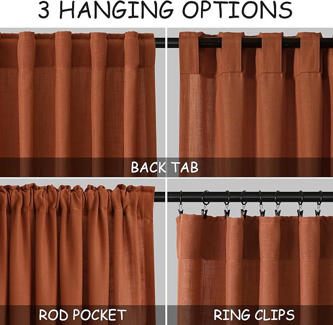 Nanspring Terracotta Linen Curtains 63 Inches Length 2 Panels - Image 3