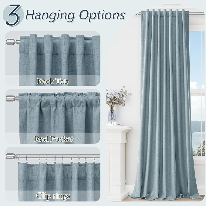 Blue 100% Blackout Linen Curtains 96 Inch Length 2 Panels Set - Image 5