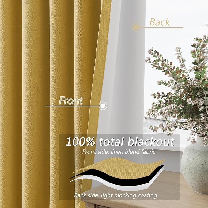 Gold 100% Blackout Linen Curtains 108 Inch Length 2 Panels Set - Image 4