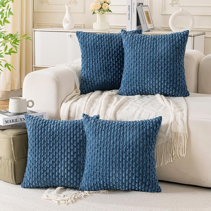 Set of 4 Blue Decorative Throw Pillow Covers 16x16 Inch Corduroy Pillow Covers by Cozoomy