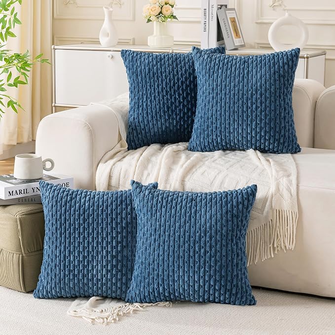 Set of 4 Blue Decorative Throw Pillow Covers 24x24 Inch Corduroy Pillow Covers by Cozoomy
