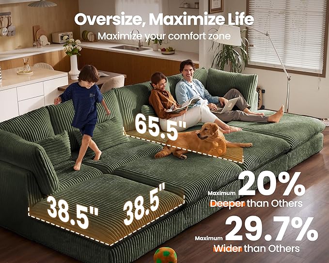 Oversized Modular Sofa, Extra Deep Cloud Corduroy Sectional Couch with Ottoman Chaise, Fluffy Chenille 3 Seater Sofa for Living Room, Villa (Basic 3 Seater, Corduroy Green)