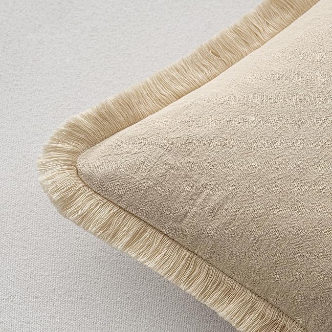 MIULEE Decorative Throw Pillow Covers Neutral Linen Fringe Throw Pillows Set of - Image 3