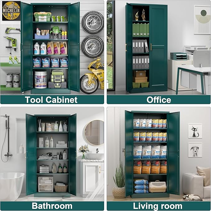 71" Storage Cabinet, Metal Pantry Cabinet, Kitchen Pantry Storage Cabinets with Doors and 4 Shelves, Cabinets for Laundry Room, Living Room, Dinning Room, Assembly Required, Green