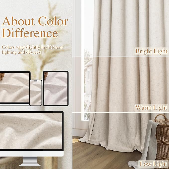 Guken 100% Blackout Linen Curtains 98 Inch Wide by 52 Inch 2 Panels Set - Image 7