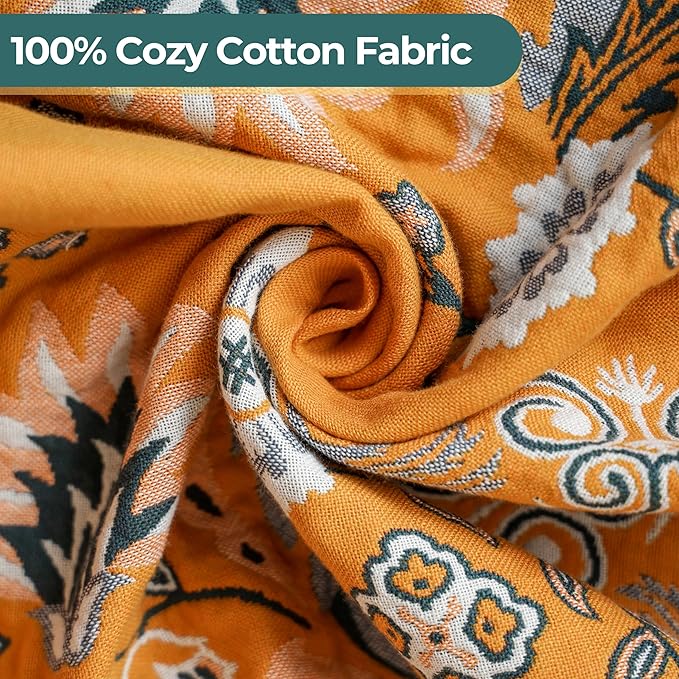 Boho Throw Blanket for Bed,100% Cotton Ultra Soft Lightweight Muslin 4-Layer Breathable Woven Throws 60''x 80'' Blanket Yellow Floral Printed Farmhouse Decor Bed Blankets