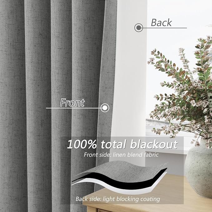 Guken Dark Grey 100% Blackout Linen Curtains 63 Inch Length 2 Panels Set - Image 4
