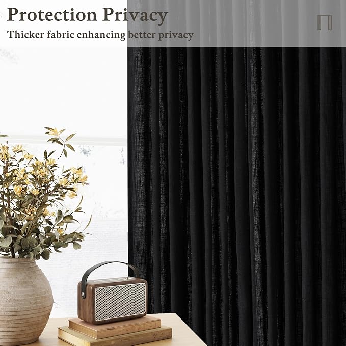 Black Linen Pleated Memory Shaped Semi Sheer Privacy Curtains 102 Inch Long | - Image 6