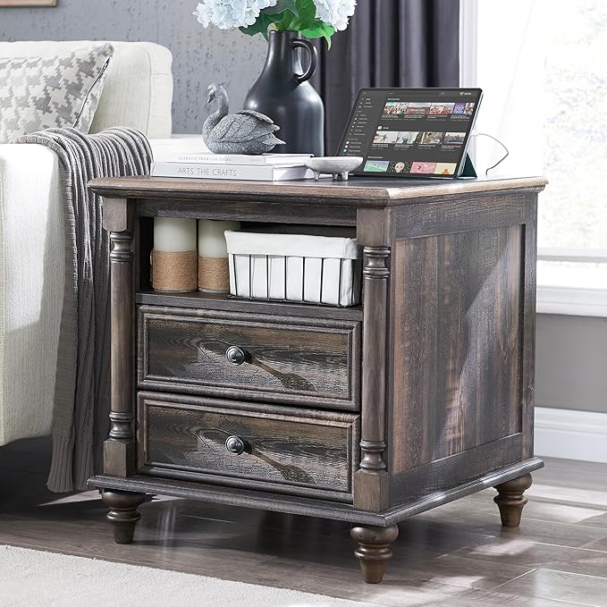 T4TREAM 24'' Farmhouse End Table w/4 Solid Wood Feet, Large 2 Drawers Wide Sofa Side Table with Charging Station, Tall Rustic Wood Square Nightstand for Living Room, Bedroom, Office, Dark Rustic Oak