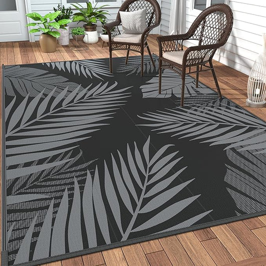 GENIMO Outdoor Rug 10' x 14' Waterproof for Patios Clearance, Reversible Outdoor Plastic Straw Camping Rug Carpet, Large Area Rugs Mats for RV, Camper, Deck, Balcony, Porch, Beach, Picnic, Black&Grey