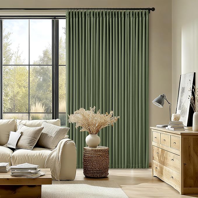 102 Inch Olive Green Linen Pinch Pleated Black Out Curtains - Image 7